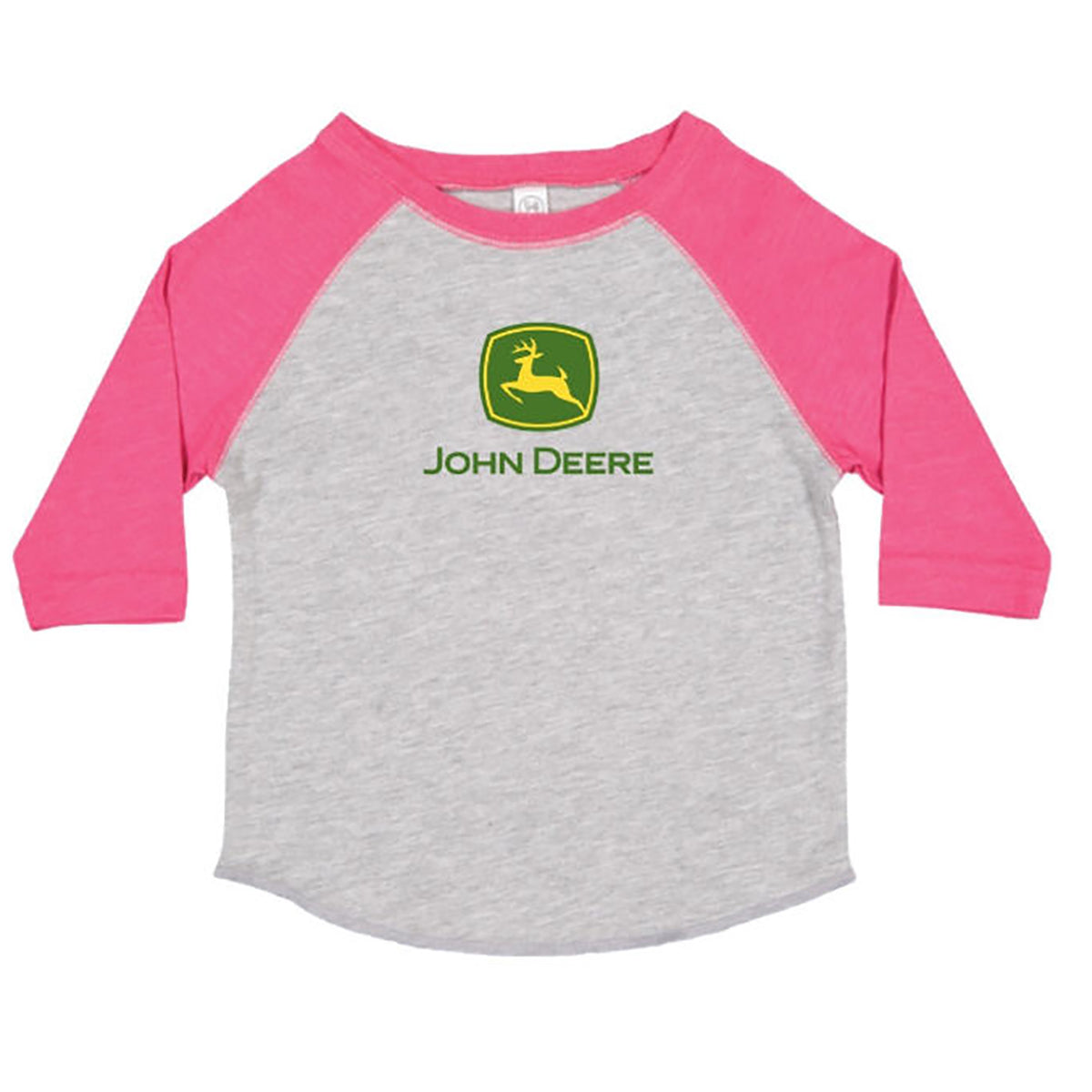 John Deere Girls Trademark Logo White Oxford With Pink 3/4 Sleeve Tee