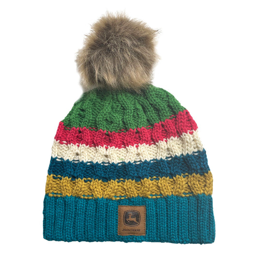 John Deere DGT Clr Stripe Faux Fur Pom Beanie